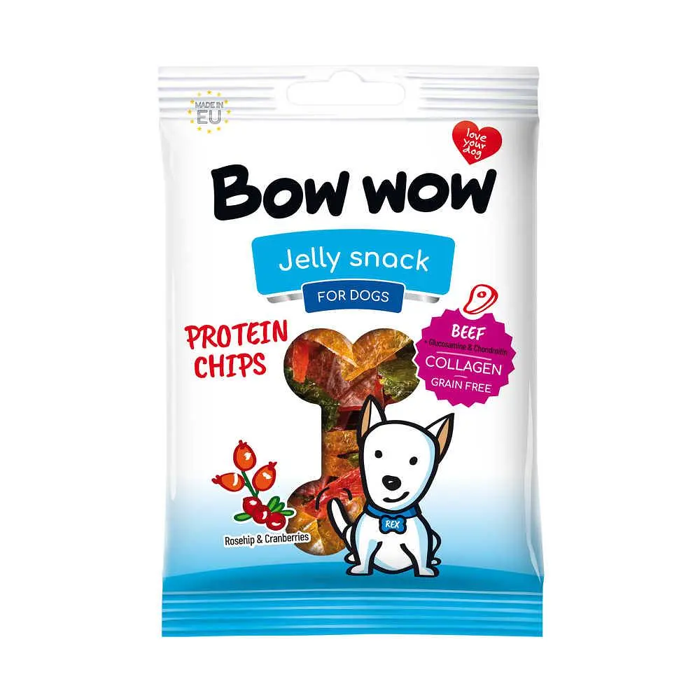 Ласощі для собак Bow wow протеїнові чипси з яловичиною,шипшиною та журавлиною, 60 г