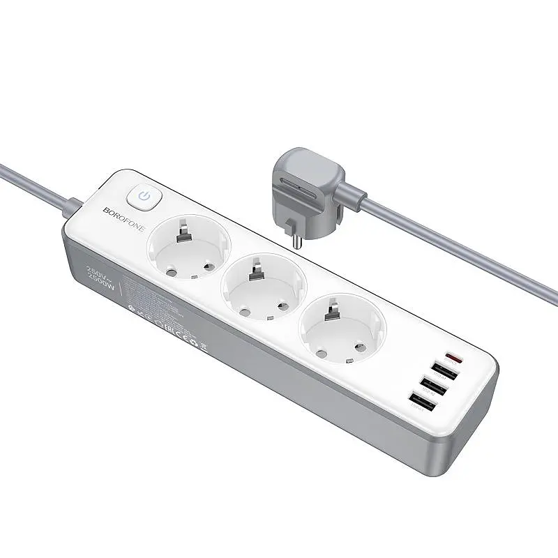 Подовжувач Borofone BAC9 Power PD20W (3USB-A/1C/3xSocket) (2m) White - фото 2