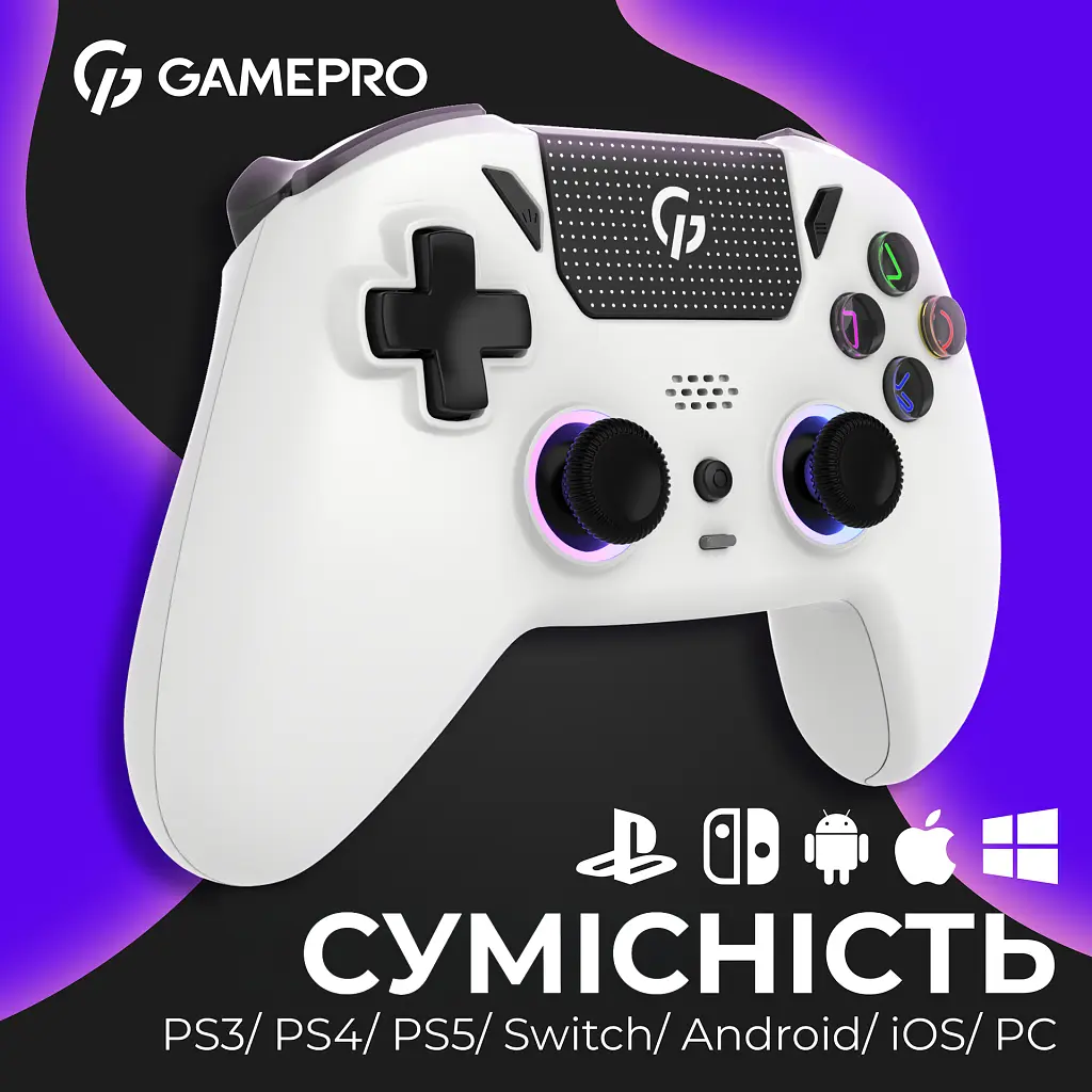 Геймпад GamePro із зарядною станцією 2.4G/BT 5.1/USB (Switch/PC/PS/iOS/Android) RGB White (GPS20W) - фото 5