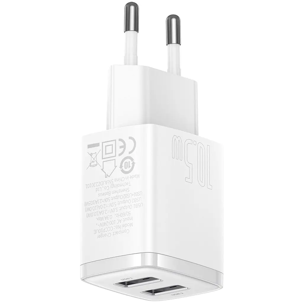 Зарядний пристрій Baseus Compact 2xUSB 10.5W 2.1A White (CCXJ010202) - фото 3