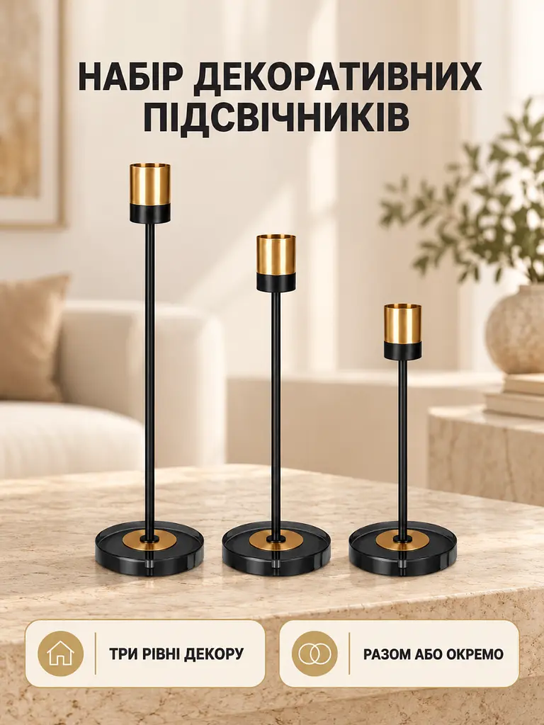 Набор декоративных подсвечников 3 шт 17,5 см / 22,5 см / 27,5 см см для интерьера черный (37261542) - фото 2