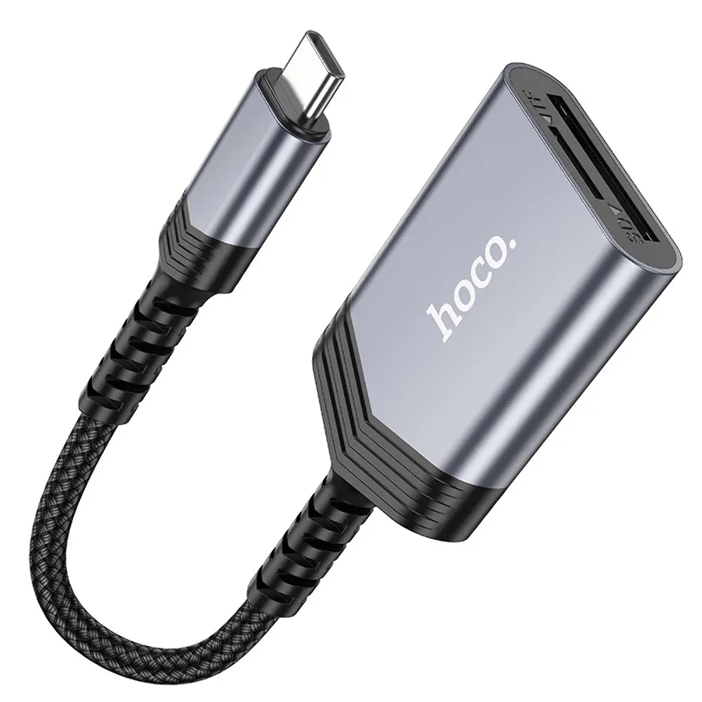 Адаптер переходник Hoco UA25 2 в 1 card reader Type-C серый - фото 3