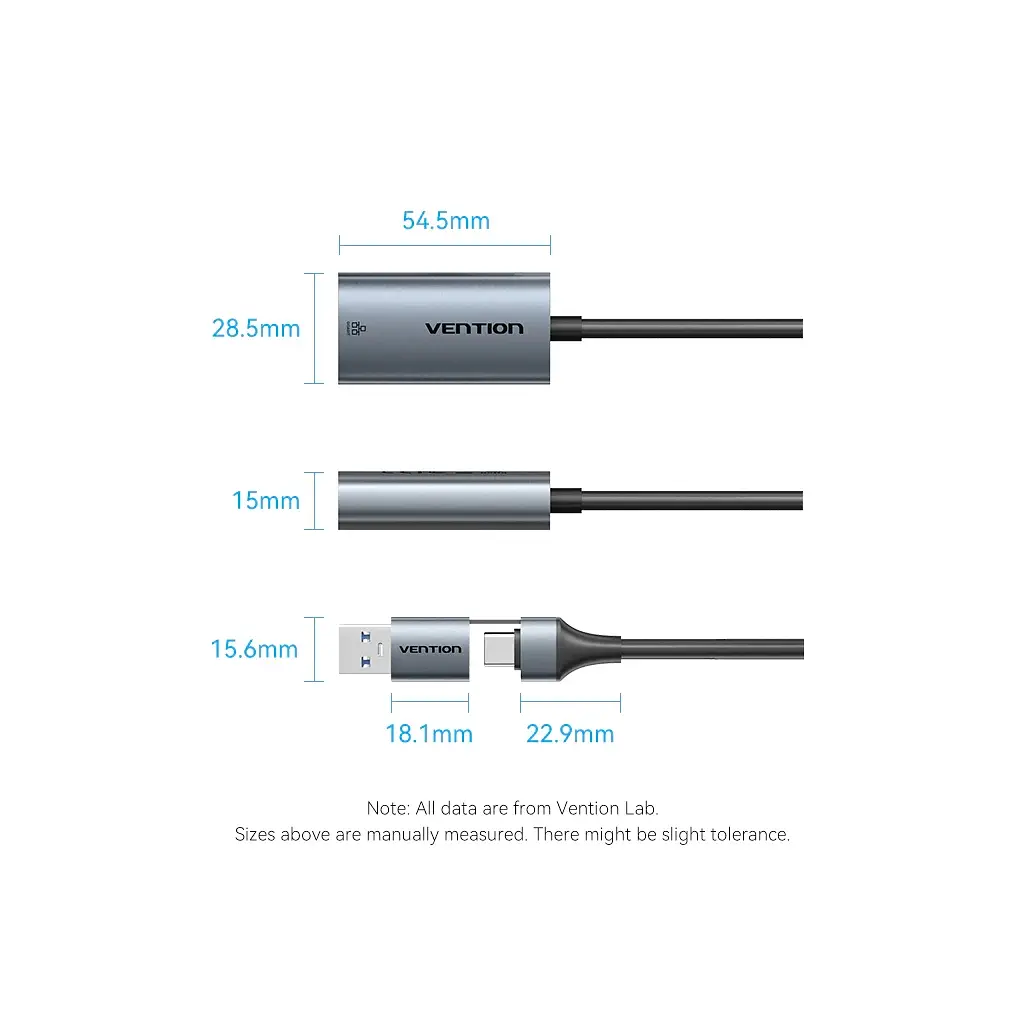 Переходник USB-C + USB A to RJ45 Ethernet 1000Mbps 0.15m aluminum gray Vention (CFQHB) - фото 2