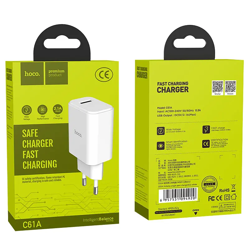 Адаптер мережевий Hoco Victoria C61A зарядний пристрій - блок 1USB 2.1A білий - фото 2