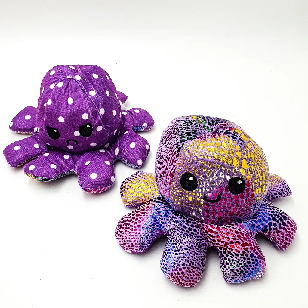 М'яка іграшка Восьминіг перевертень двосторонній веселий сумний Mood Octopus 16 см UKC перламутровий фіолетовий в горошок