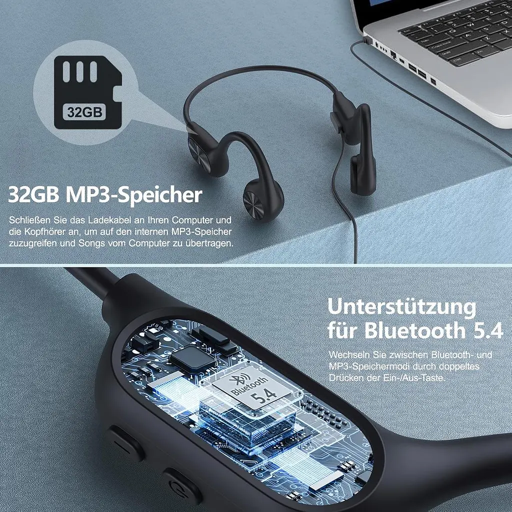 Наушники для плавания, наушники Bone Sound Bluetooth 5.4, IPX8 водонепроницаемый, спортивные наушники 32G память, подводные - фото 6