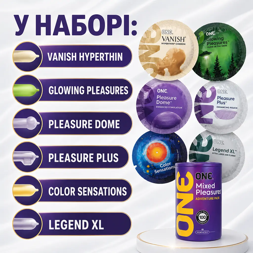 Презервативи ONE Mixed Pleasures 100 ШТУК, мікс презервативів різних видів, ультратонкі, ребристі, ароматизовані, XL - фото 3