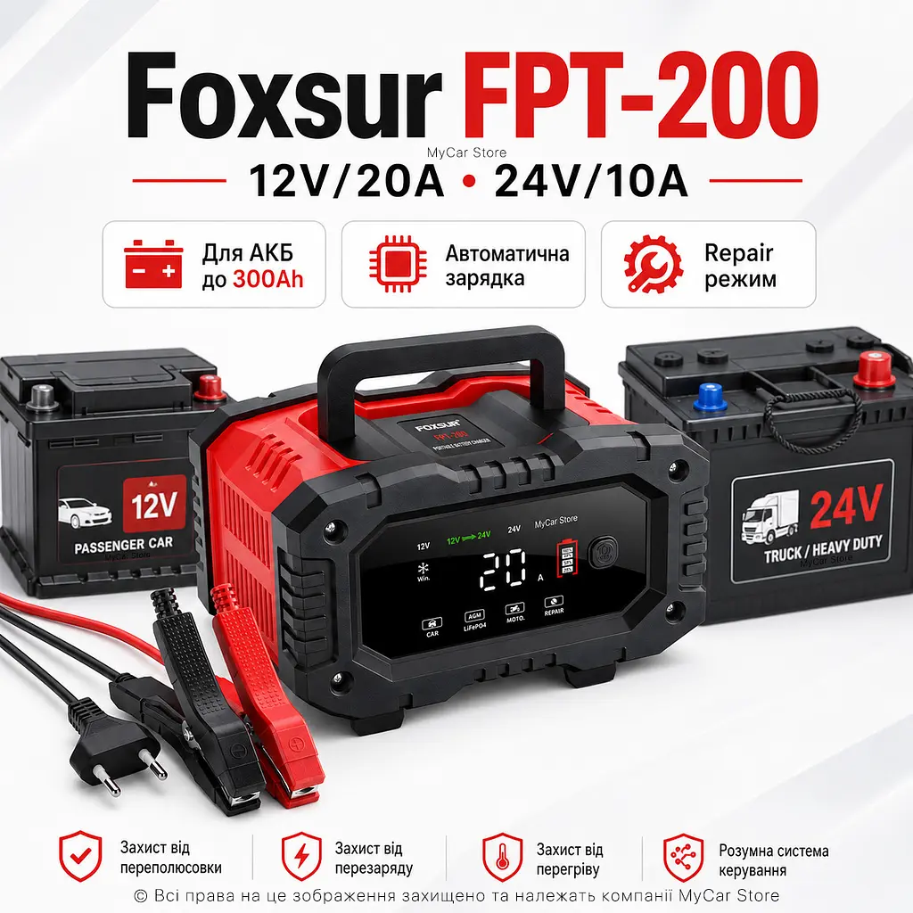 Автомобільний зарядний пристрій Foxsur FPT-200 Автоматичний імпульсний з функцією відновлення 12V 20А - 24V 10A LiFePO4 Red (19439) - фото 3