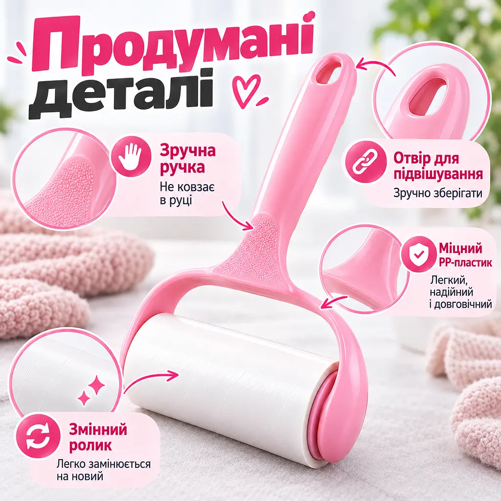 Ролик липучка для чищення одягу від шерсті та ворсу з ручкою + 4 змінних ролика по 60 аркушів KT9004404 - фото 10