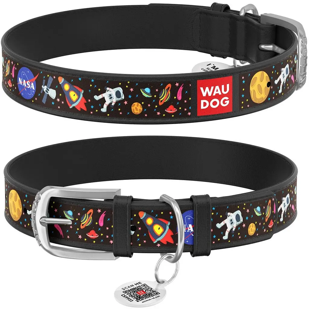 Нашийник для собак Waudog Design NASA, шкіряний, з QR паспортом, XS, 21-29х1,2 см, чорний - фото 4