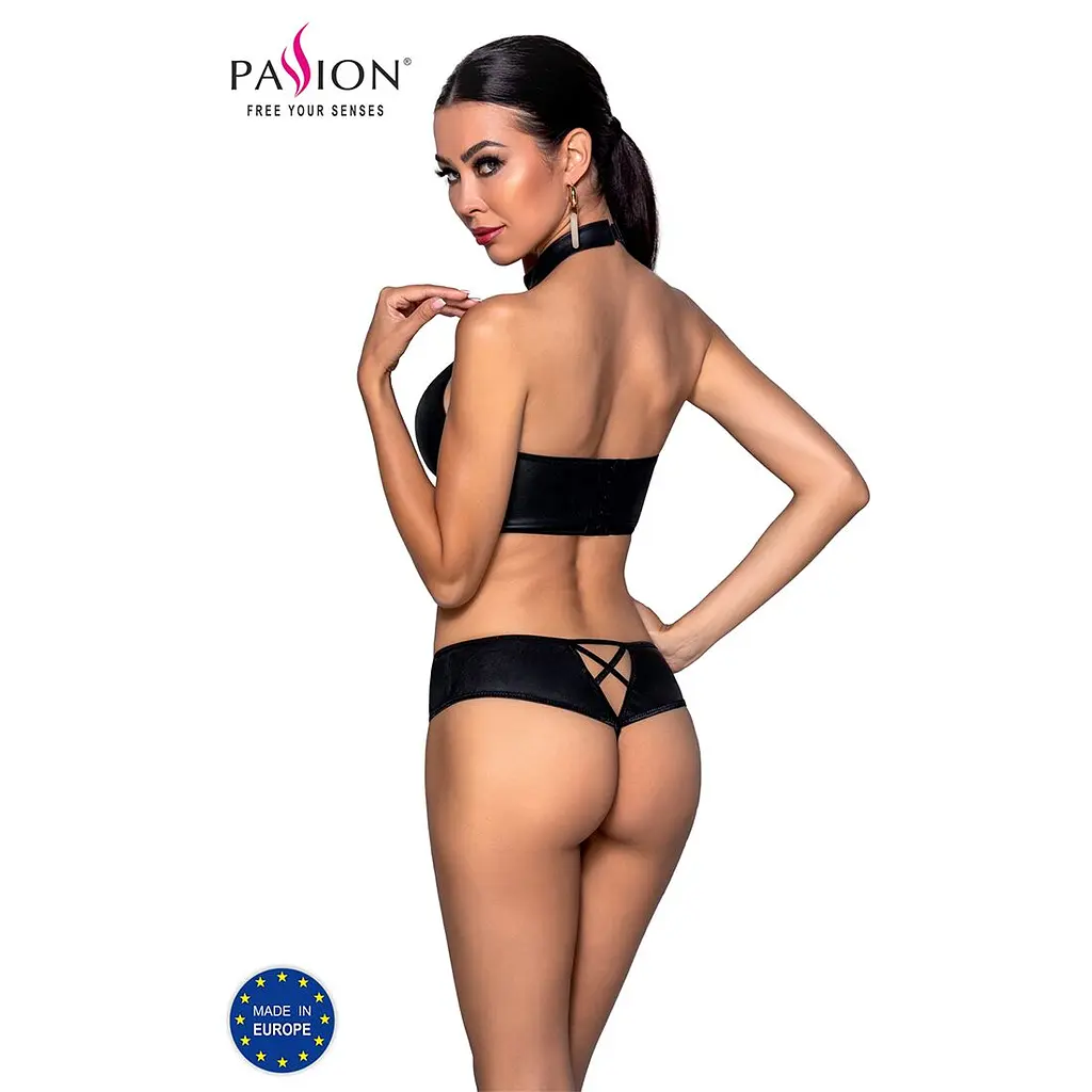 Комплект з еко-шкіри Passion NANCY BIKINI L/XL, black, бра та трусики з імітацією шнурівки - фото 2