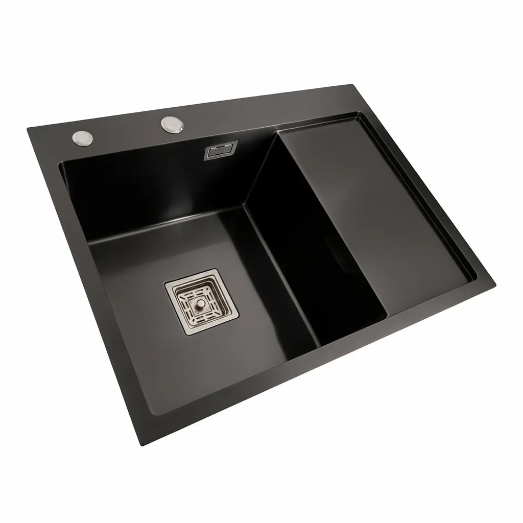 Кухонная мойка черная Platinum PVD Handmade 65x50 L(квадратный сифон 3,0/1), Черный - фото 3