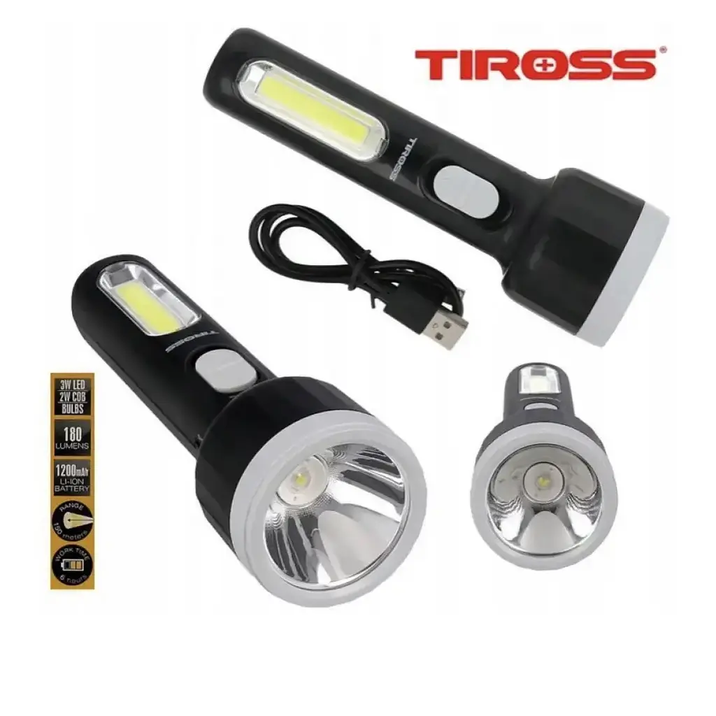 Ліхтар акумуляторний ручний 5 LED та 2W COB бічна панель зарядка USB світить до 6 годин 1200mAh ліхтарик Tiross TS-1856 чорний - фото 5