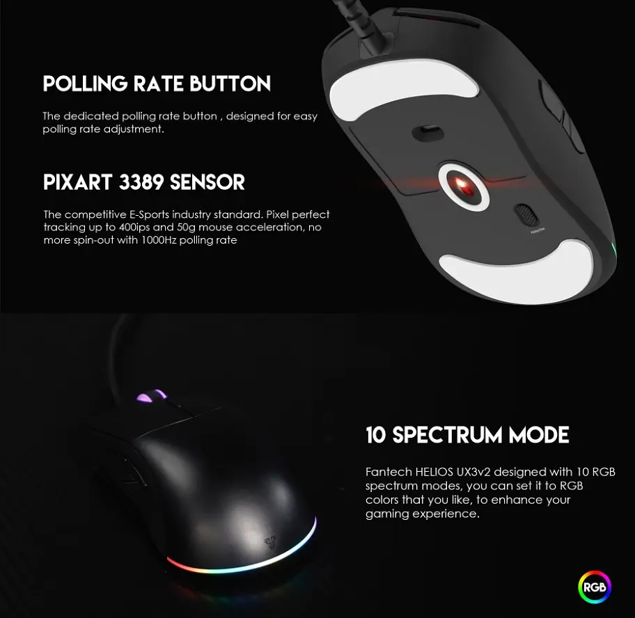 Игровая мышь Fantech UX-3 V2 HELIOS PixArt 3389, 400IPS, 50G, 1600DPI Black - фото 3
