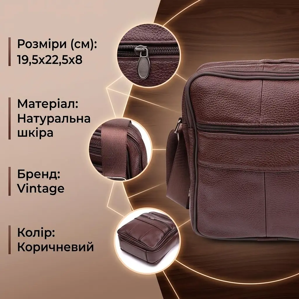 Зручна чоловіча сумка з натуральної шкіри 22858 Vintage коричнева - фото 3