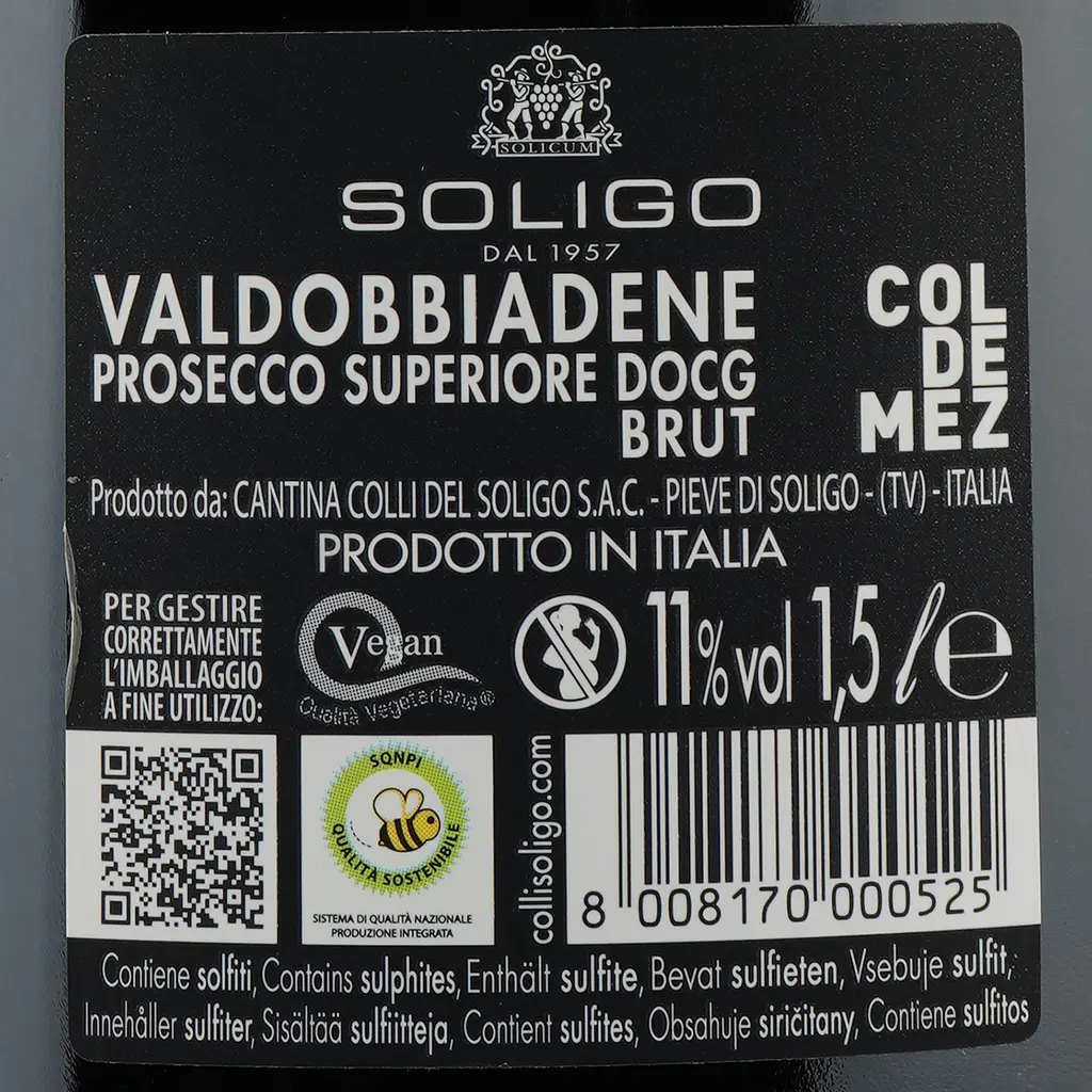 Ігристе вино Soligo Col de Mez Prosecco Valdobbiadene Brut, біле, брют, 11%, 1,5 л (53803) - фото 4