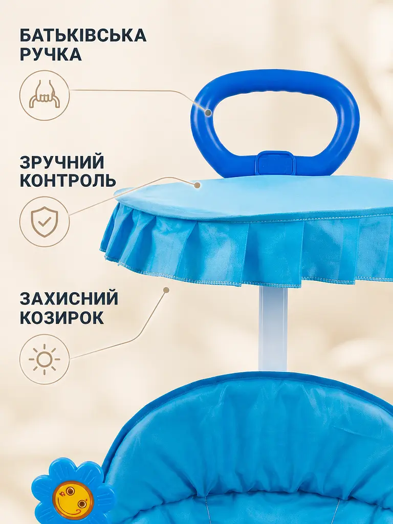 Дитячі ходунки з ігровою панеллю, ручкою та козирком блакитні (49676181) - фото 9