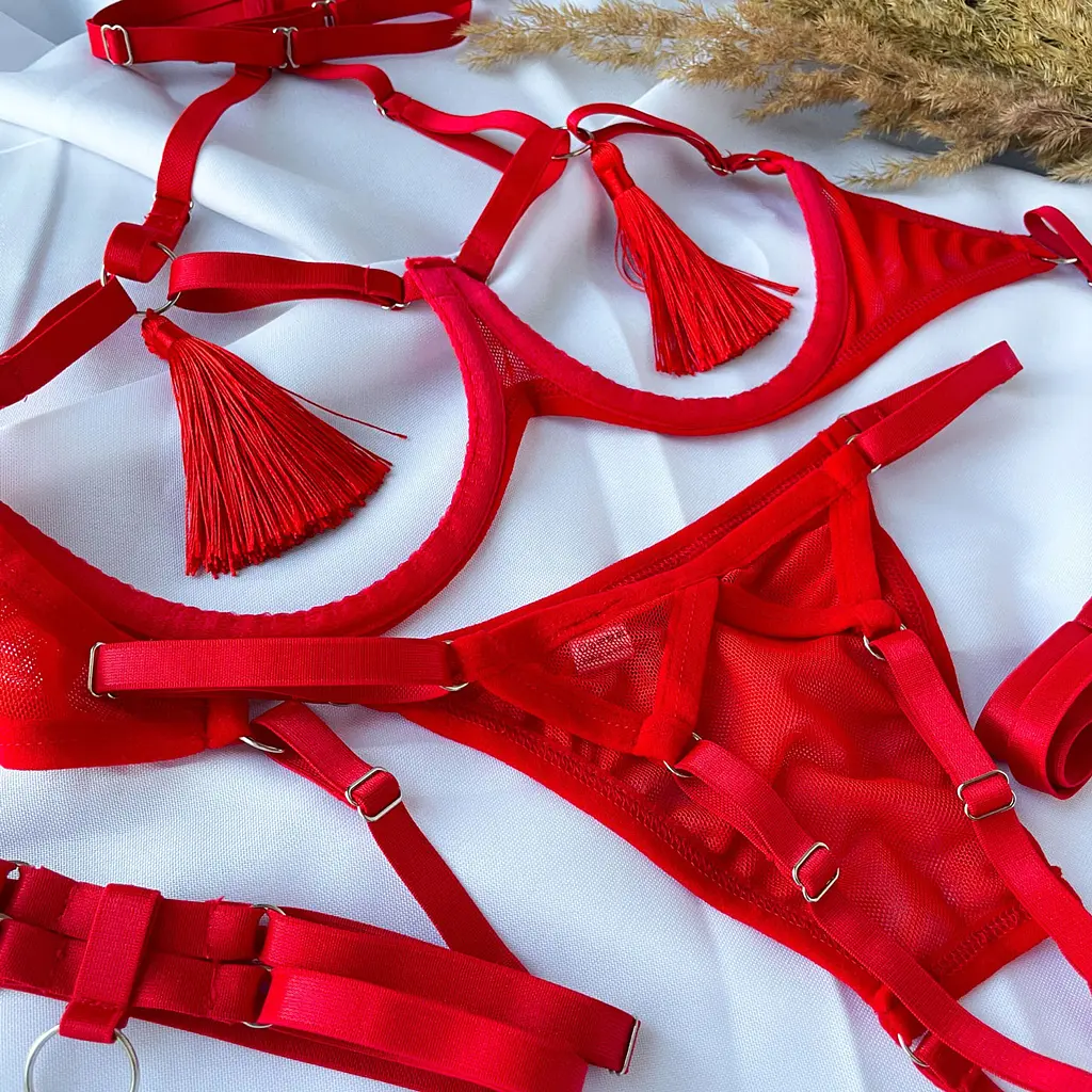 Еротичний комплект з відкритим доступом пестісами гартерами і чокером S/M/L Червоний - фото 8