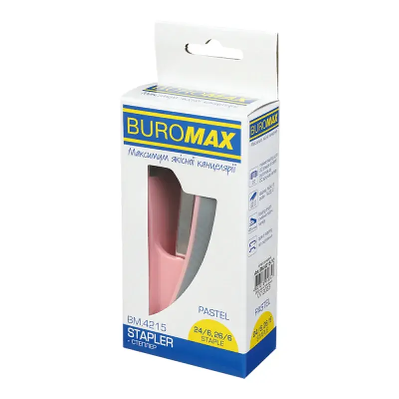 Степлер Buromax пластиковий PASTEL, 20 аркушів, (скоби №24, 26), 111 х 62 х 32 мм, рожевий (BM.4215-10) - фото 5