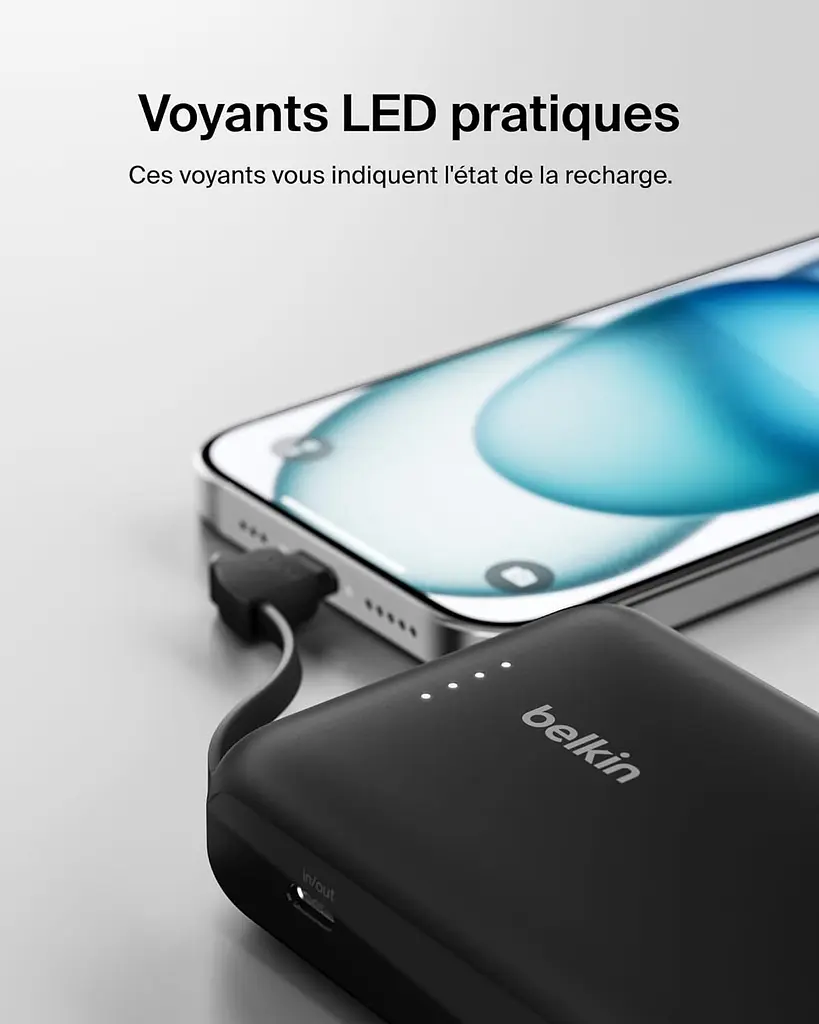 Belkin Акумулятор портативний літій-іонний Power Bank 10000мА·год, 20Вт, з інтегрованим кабелем USB-C, чорний - фото 5