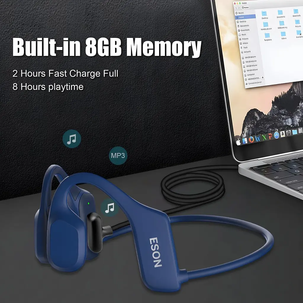 Кісткові навушники для плавання з памʼятю 32 ГБ ESON X23 з MP3 плеєром, Bluetooth 5.3 сині - фото 5