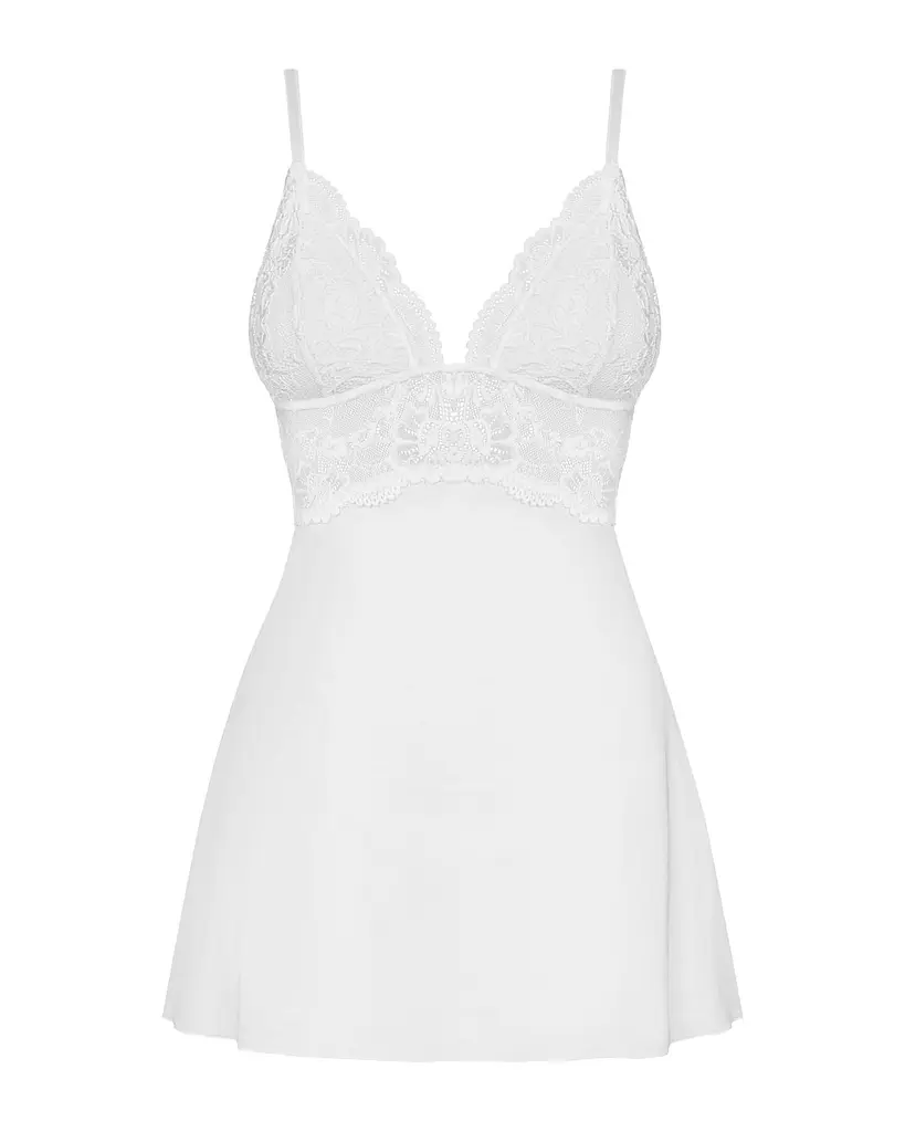 Сатиновий пеньюар з мереживом Obsessive 810-BAB-2 babydoll & thong L/XL, білий, пеньюар, танга - фото 5
