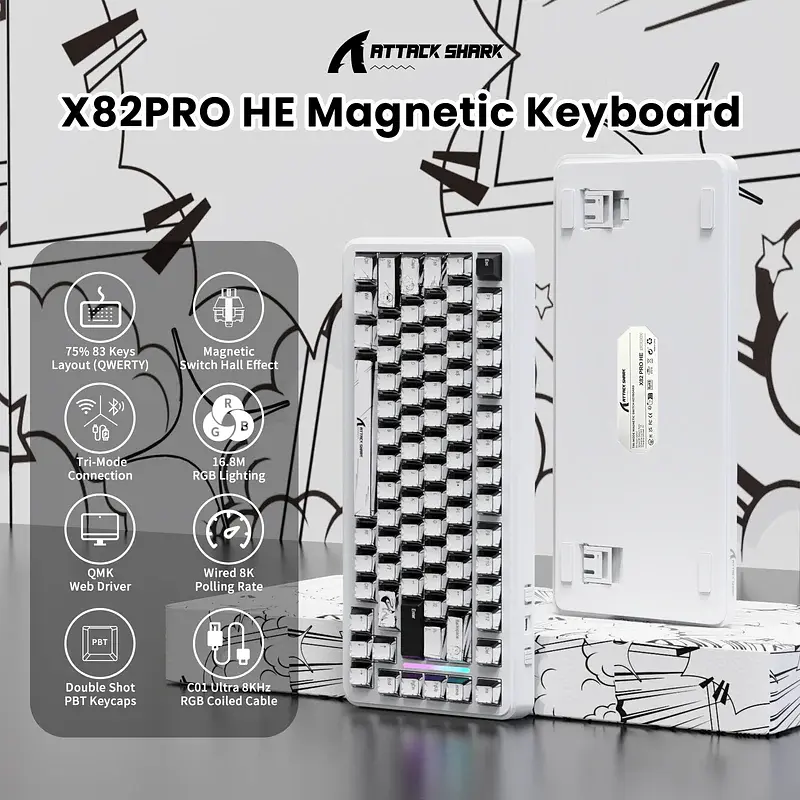 Игровая магнитная клавиатура Attack Shark X82 Pro / Три режима подключения / Magnetic Switch / Grey - фото 10