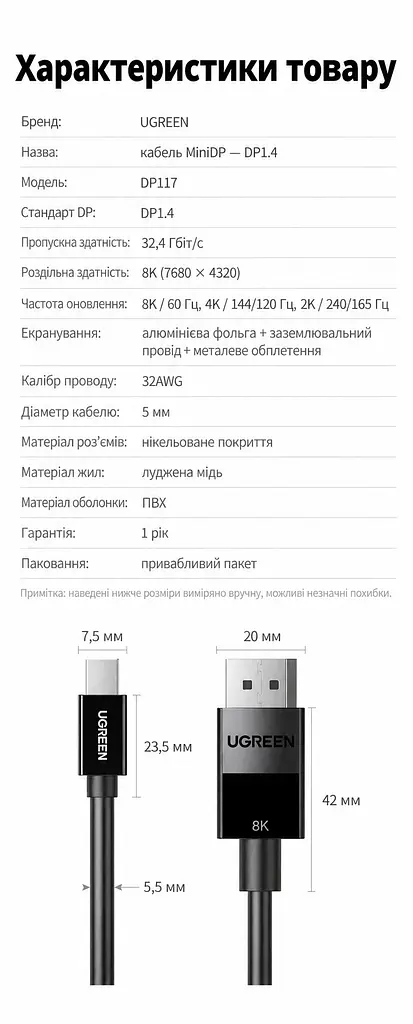 Відеокабель UGREEN DP117 Mini DisplayPort - DisplayPort 1.4 8K 60 Гц 1,5 м чорний (80663) - фото 2