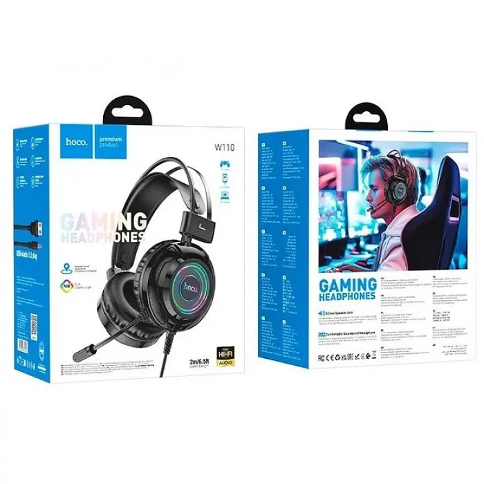 Игровые геймерские наушники для ПК с микрофоном и подсветкой Hoco W110 Черный - фото 3
