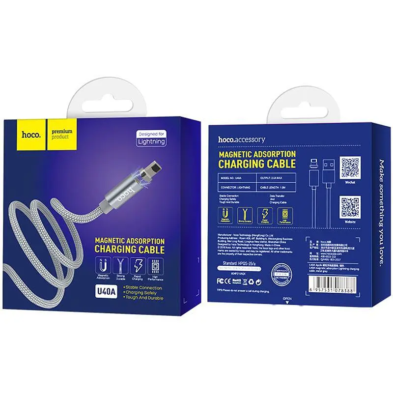 USB Cable Hoco U40A Magnetic Adsorption Lightning Grey 1.2m - фото 7