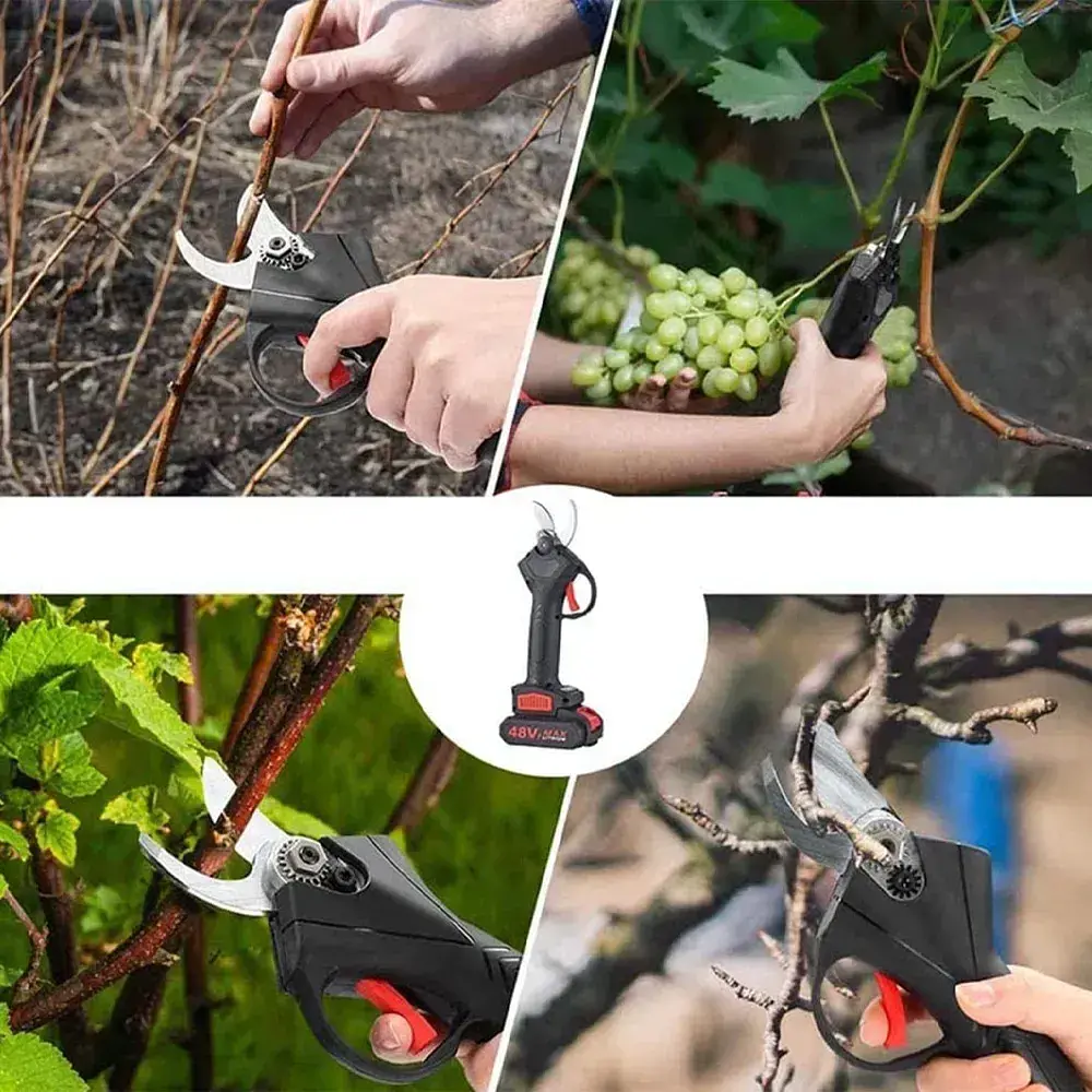 Секатор аккумуляторный в кейсе садовый для обрезки веток деревьев кустарников 2 аккумулятора 48 Вт Черный - фото 8