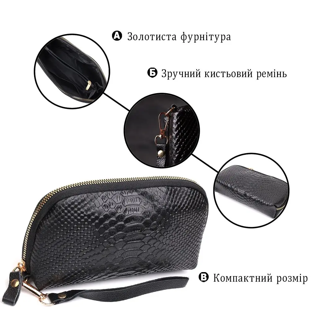 Фактурна жіноча барсетка з натуральної шкіри з тисненням під змію Vintage 22272 чорний - фото 5
