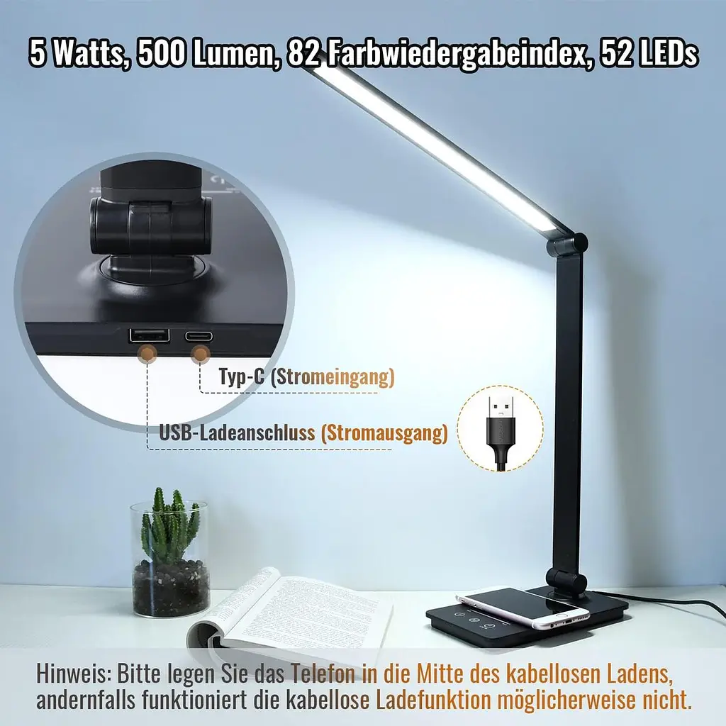 Настільна LED-лампа з бездротовою зарядкою, USB та регулюванням яскравості - фото 2