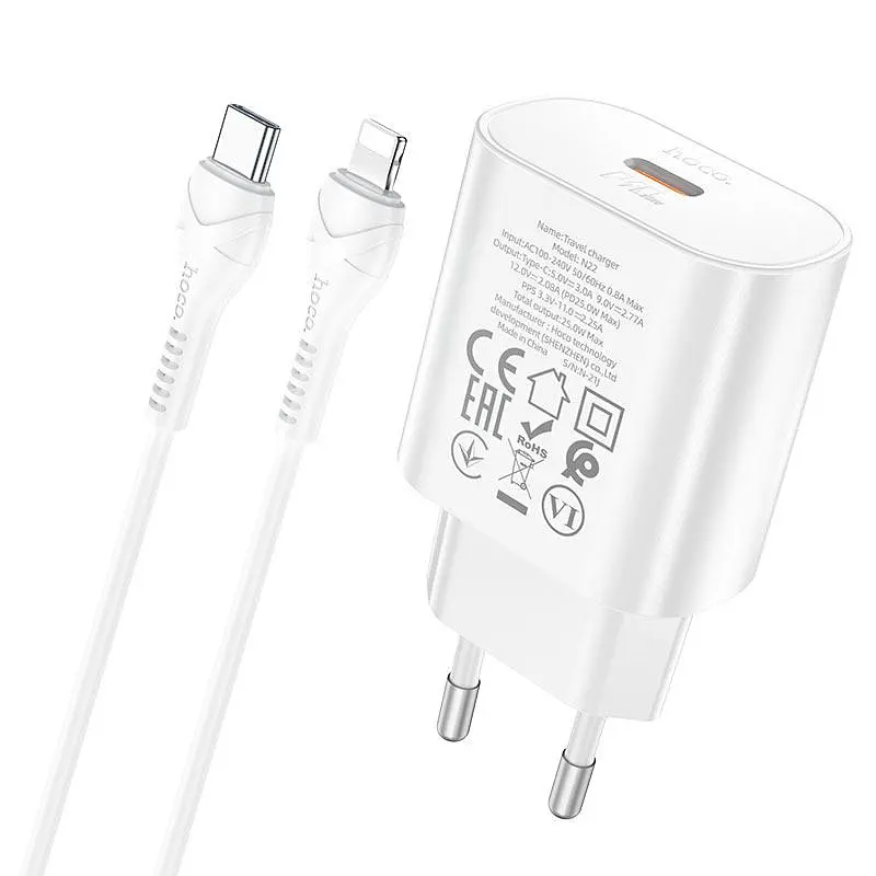 Зарядное устройство - блок и кабель набор Hoco N22 Jetta PD25W charger set C to iP (вилка EU) Белый - фото 3