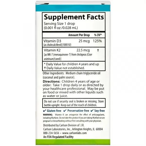 Витамины для детей Carlson Laboratories Kids Super Daily D3+K2 360 drops (1086-2023-10-2211) - фото 2