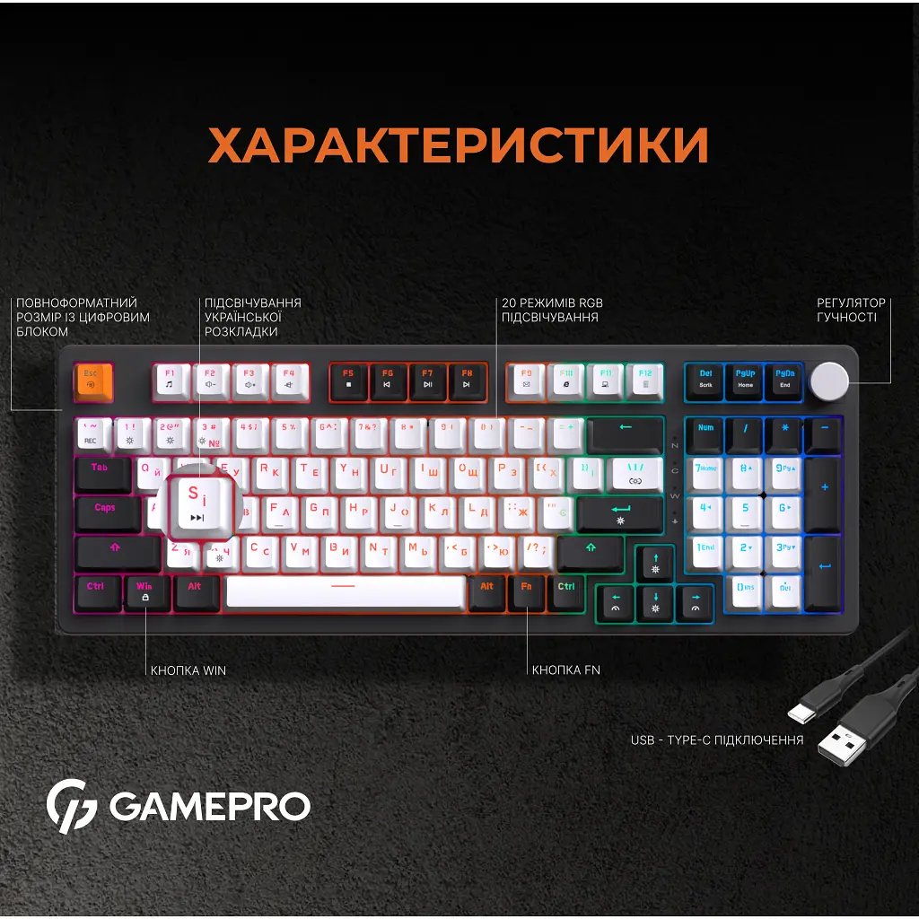 Клавіатура GamePro MK170B Hot-Swap Red Swich RGB USB UA Black (MK170B) - фото 2