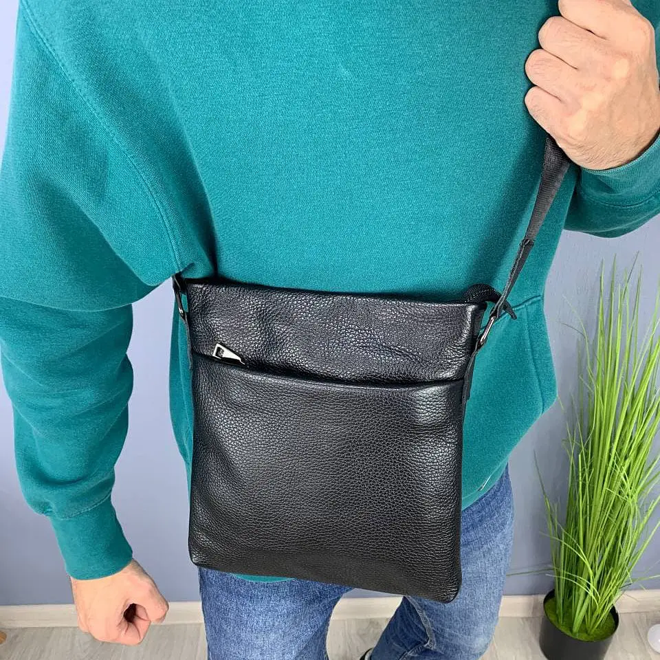 Сумка мужская кожаная Handycover S105 черная с 2 карманами - фото 9