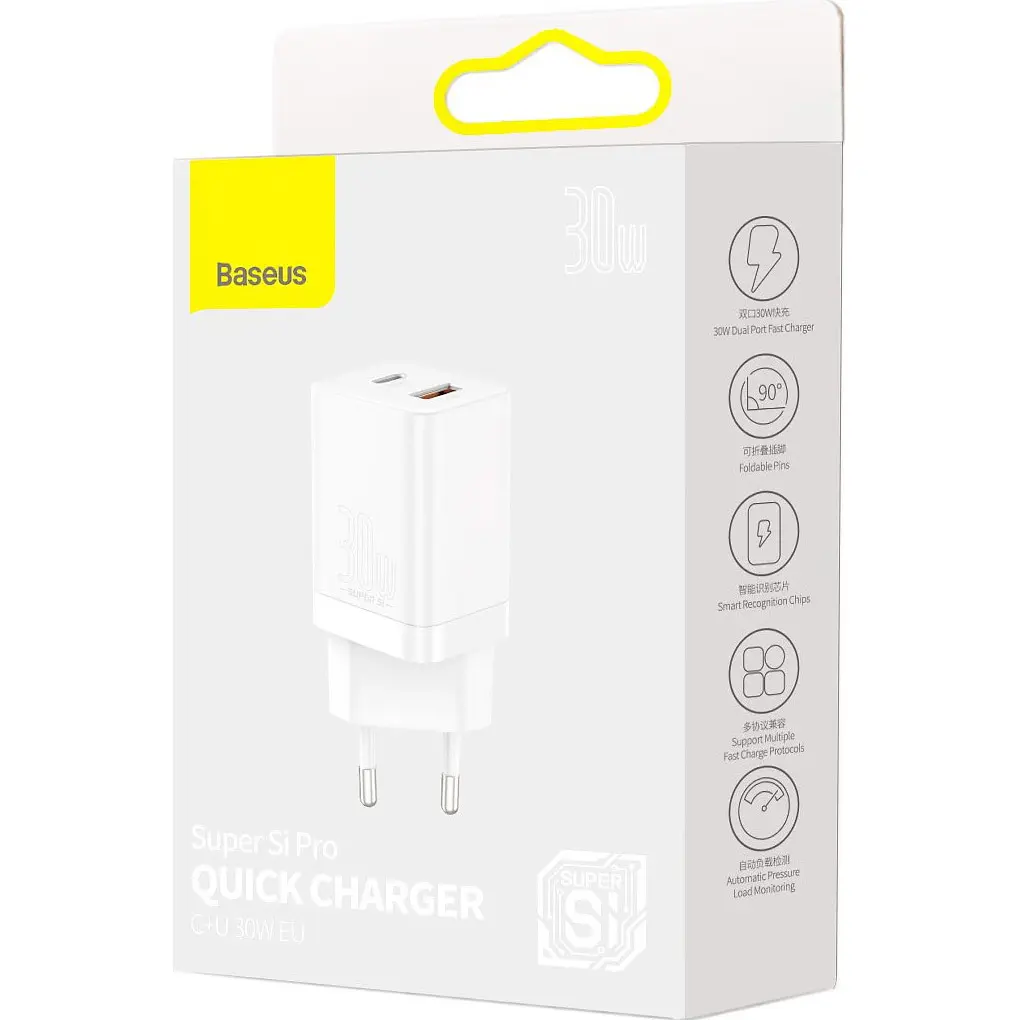 Мережевий зарядний пристрій Baseus Super Si Pro 30W USB-C + USB-A White (CCSUPP-E02) [69676] - фото 6