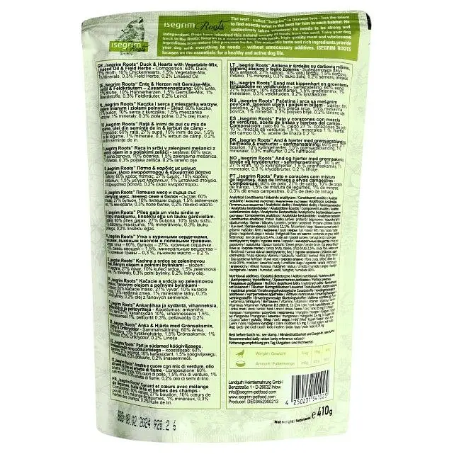 Вологий корм для собак Isegrim Adult Pouch Roots Duck & Hearts Качка з сердечками, овочами, лляною олією і польовими травами 410 г - фото 2