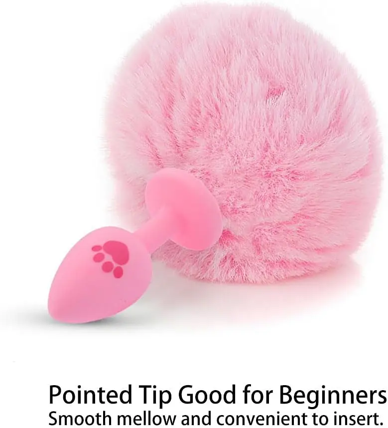 Силіконова анальна пробка з пухнастим хвостом кролика та принтом лапки 2.8 см Рожева - фото 3