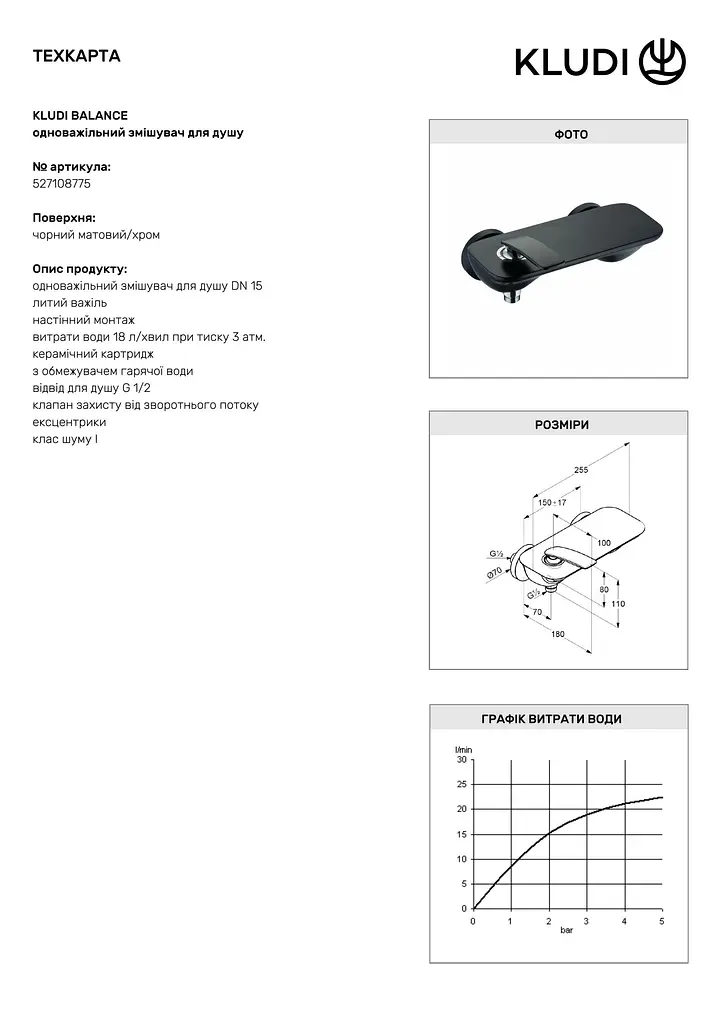 Змішувач для душу Kludi Balance DN 15 чорний мат 527108775 - фото 4