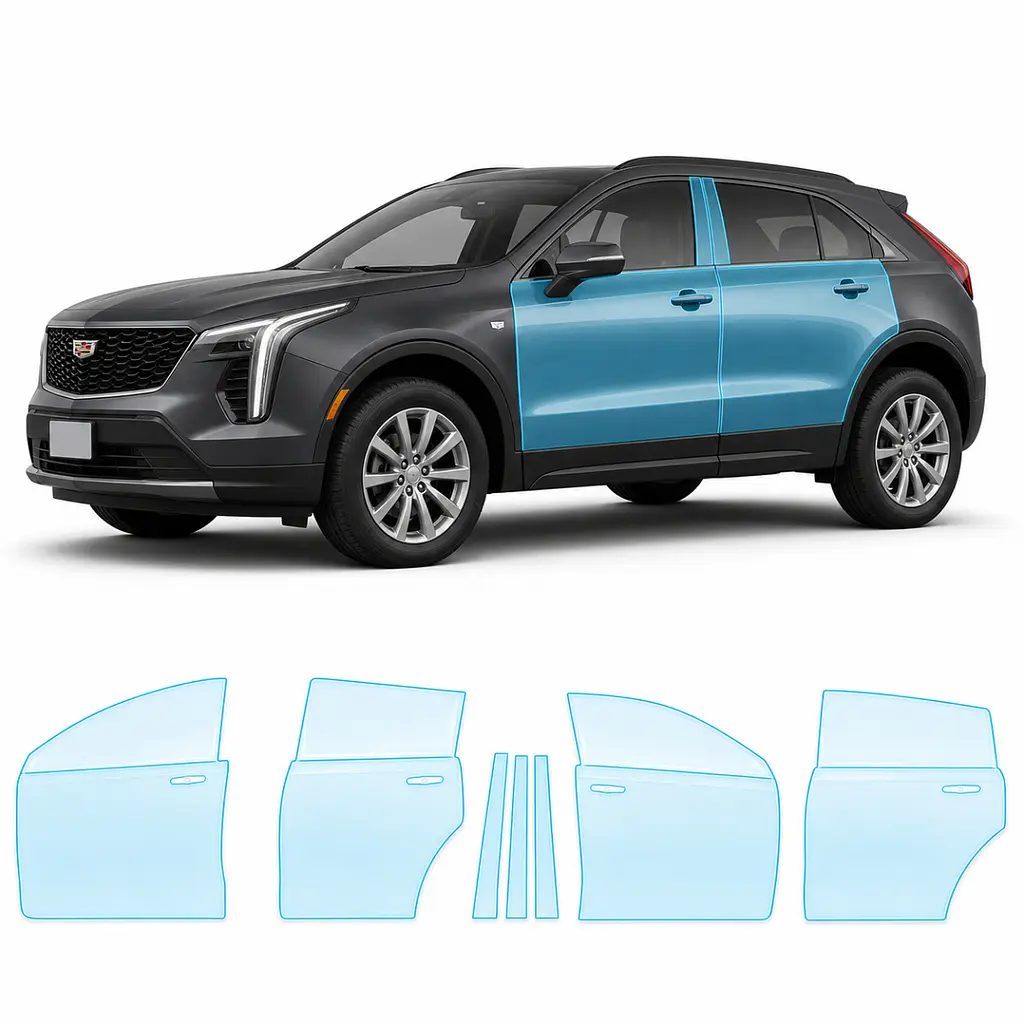 Антигравійна захисна бронеплівка за лекалами для Cadillac XT4 I 2019-2023 - зони дверей і стійки вікон
