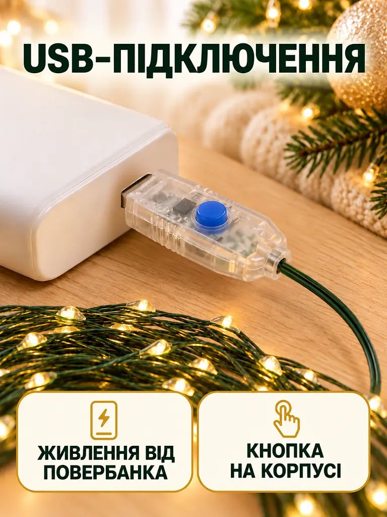 Світлодіодна гірлянда Роса 100 м 1000 LED від USB та батарейок з пультом для ялинки Тепла біла (37261548) - фото 5