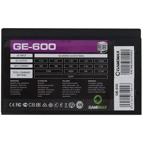 Блок живлення 600 Вт, GE-600, Black, 80+ Basic GameMax teh0028801 - фото 2