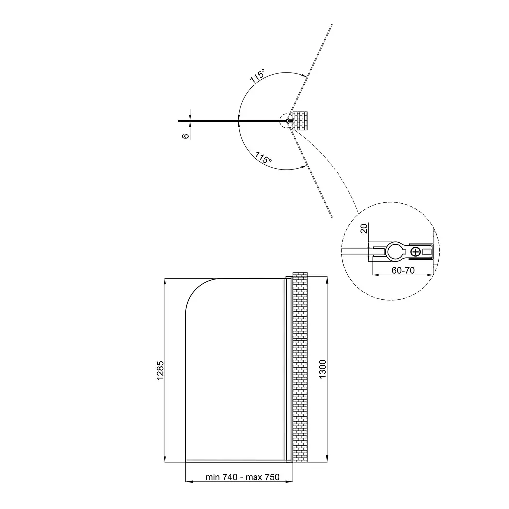 Шторка для ванни Qtap Standard BLM407513APR скло Pear 6 мм, 75x130 см, права, Права, матовий, Черный матовый - фото 2