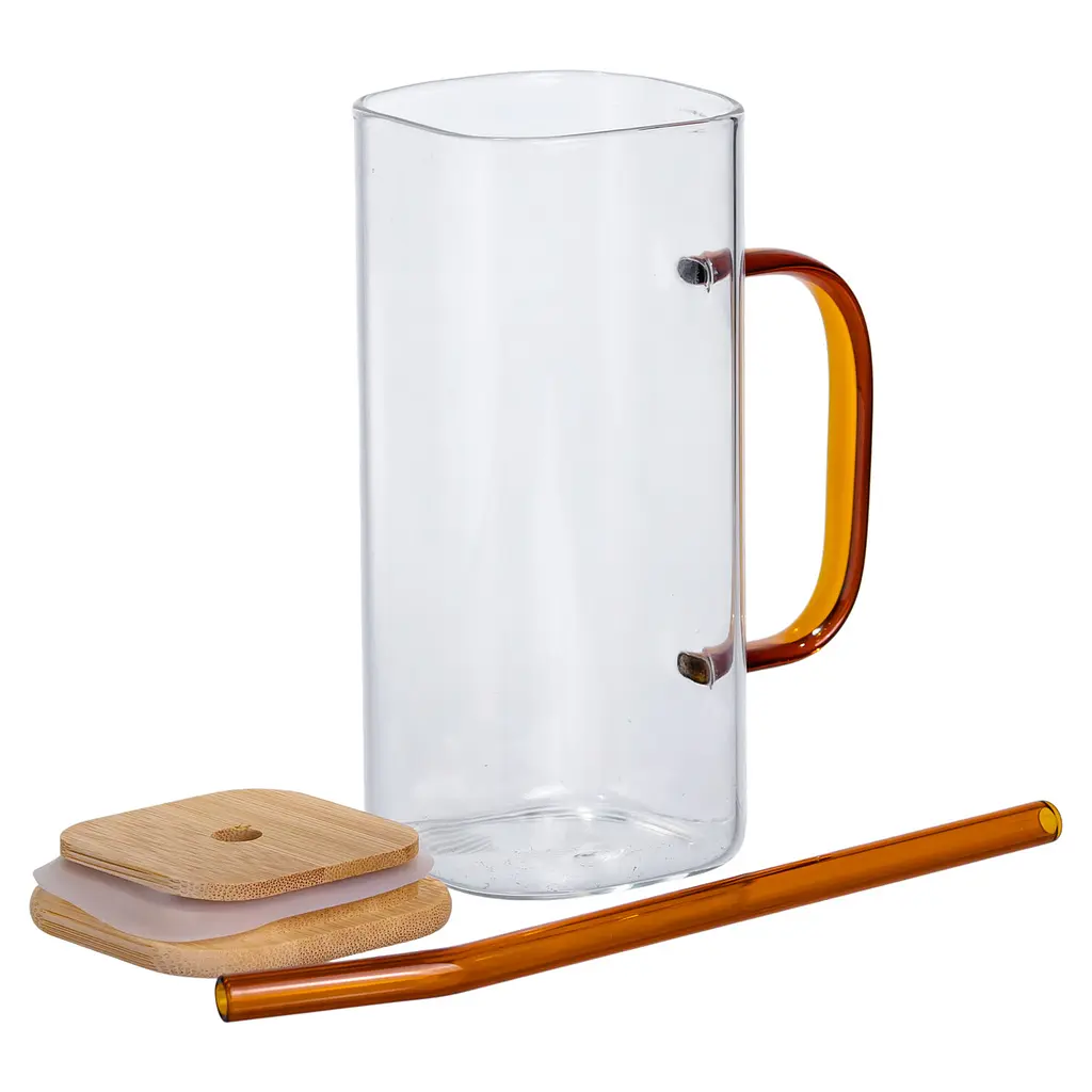 Чашка стеклянная 400 мл с бамбуковой крышкой и золотистой трубочкой Золотистый Yiwu HP-19-146GOLD - фото 3