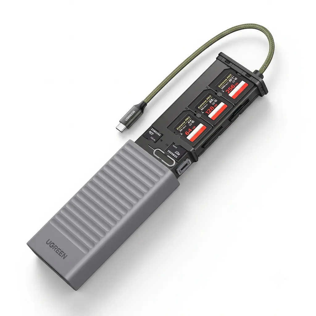 Картридер-кейс UGREEN CM856 підключення USB-C з комплектним перехідником на USB-A слоти для читання 2 × SD та microSD (TF) USB 3.0 до 5 Гбіт/с одночасне читання й запис SD1 + SD2 або SD1 + TF місця для зберігання 6 SD та 4 microSD підтримка карт до 4 ТБ Windows macOS Linux без встановлення драйверів зсувна кришка вбудований кабель 15 см сірий із чорним внутрішнім лотком (55899)
