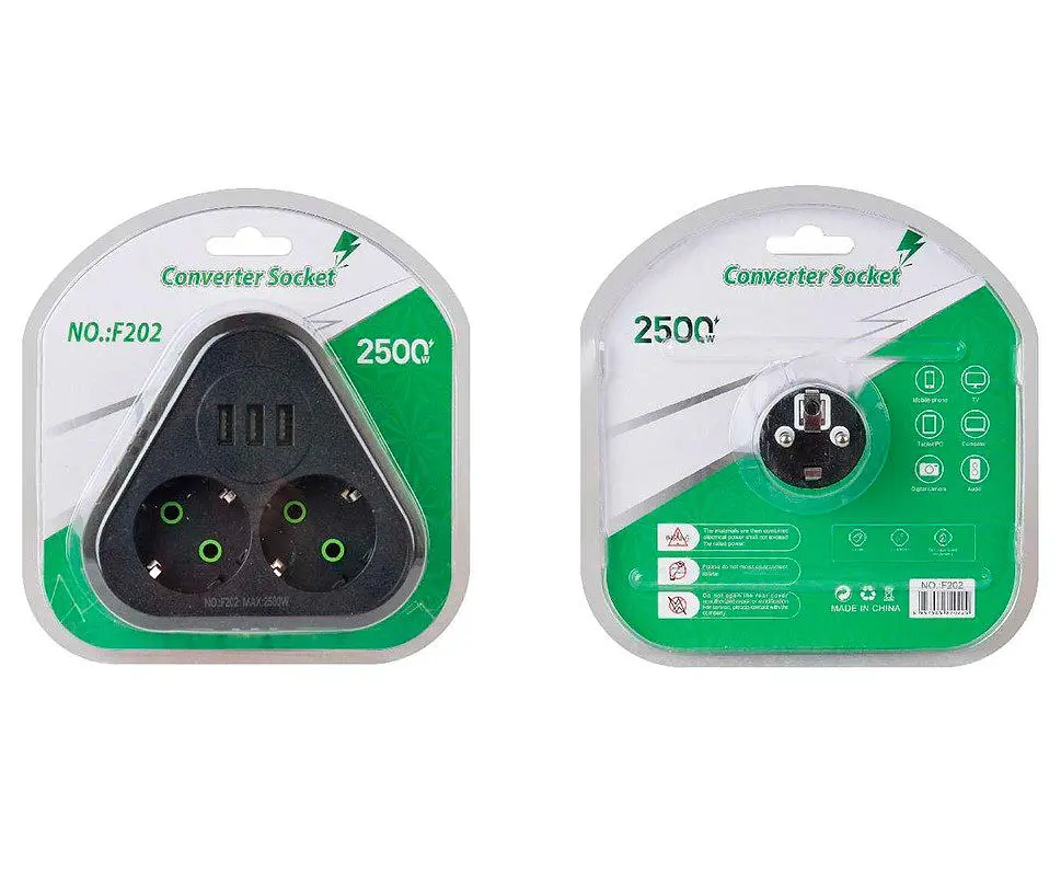 Розетка двойник с заземлением Voltronic F-202 Black, 2 розетки+3USB (1А), 2500W, 10A, 110-250V - фото 2