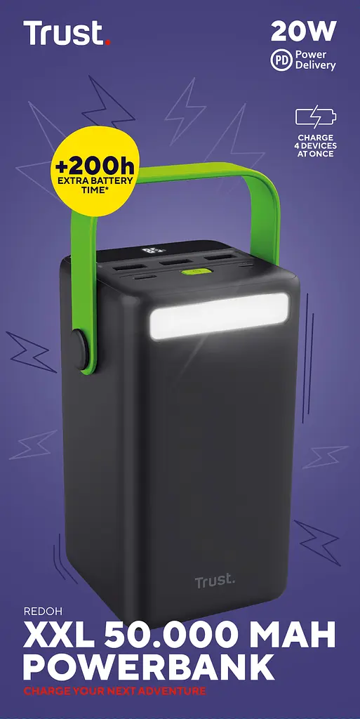 Trust Акумулятор портативний літій-іонний power bank Redoh XXL, 50000мА·год, 3хUSB-A/USB-C, 20W, чорний - фото 9