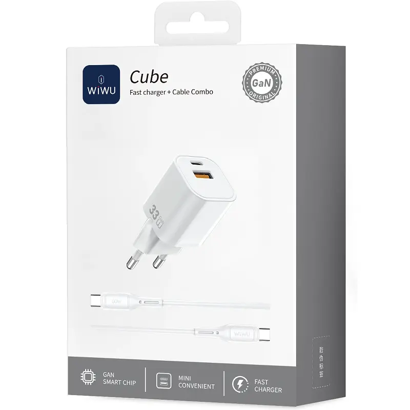 Мережевний зарядний пристрій WIWU G018 Cube PD33W+QC3.0 GaN 1USB-A/1C + кабель Type-C to Lightning White - фото 3